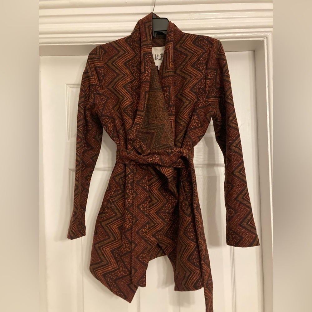 Brown/red wrap jacket great for transitional temperatures!